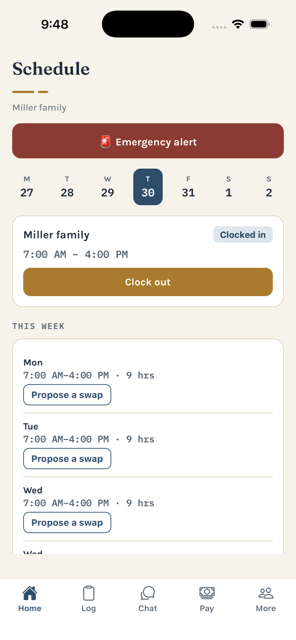 Nannybase schedule screen