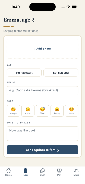 Nannybase daily log screen